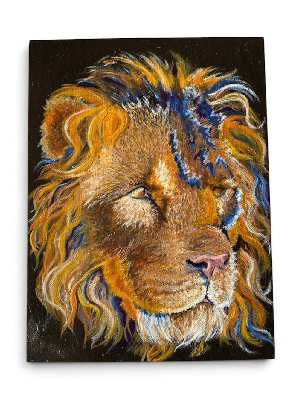 Hand-Painted Lion Portrait Wall Art in Gold and Blue 🐾 painting for my pup!